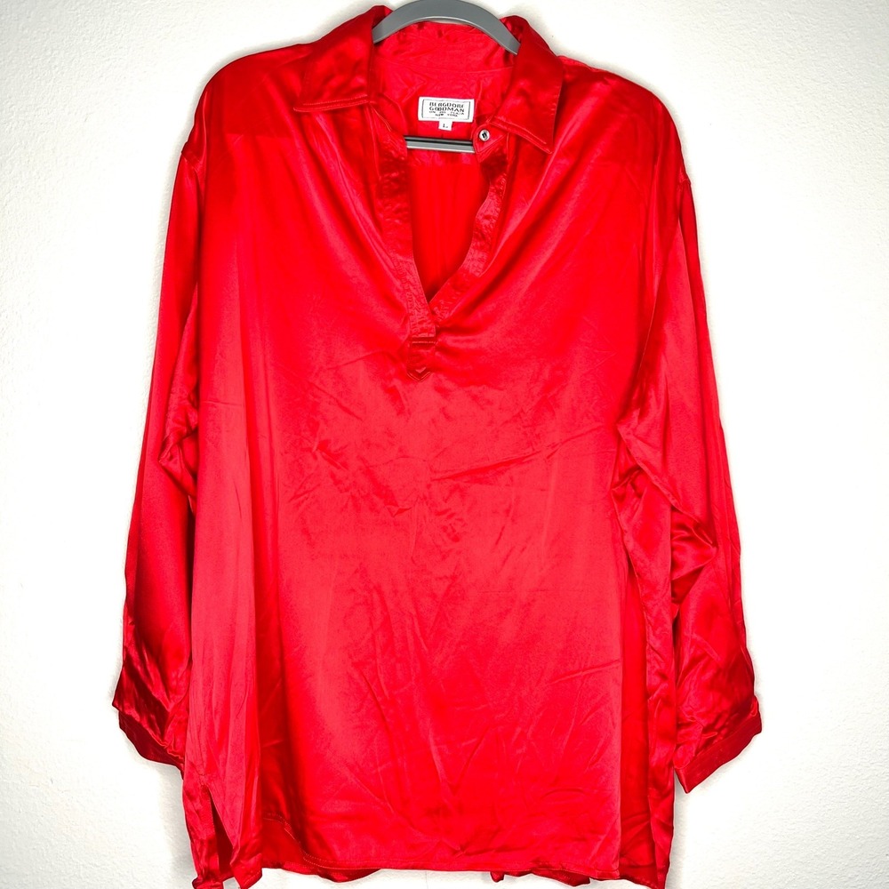Bergdorf Goodman Vintage Red 100% Silk V-Neck Long Sleeve Tunic Top Size L